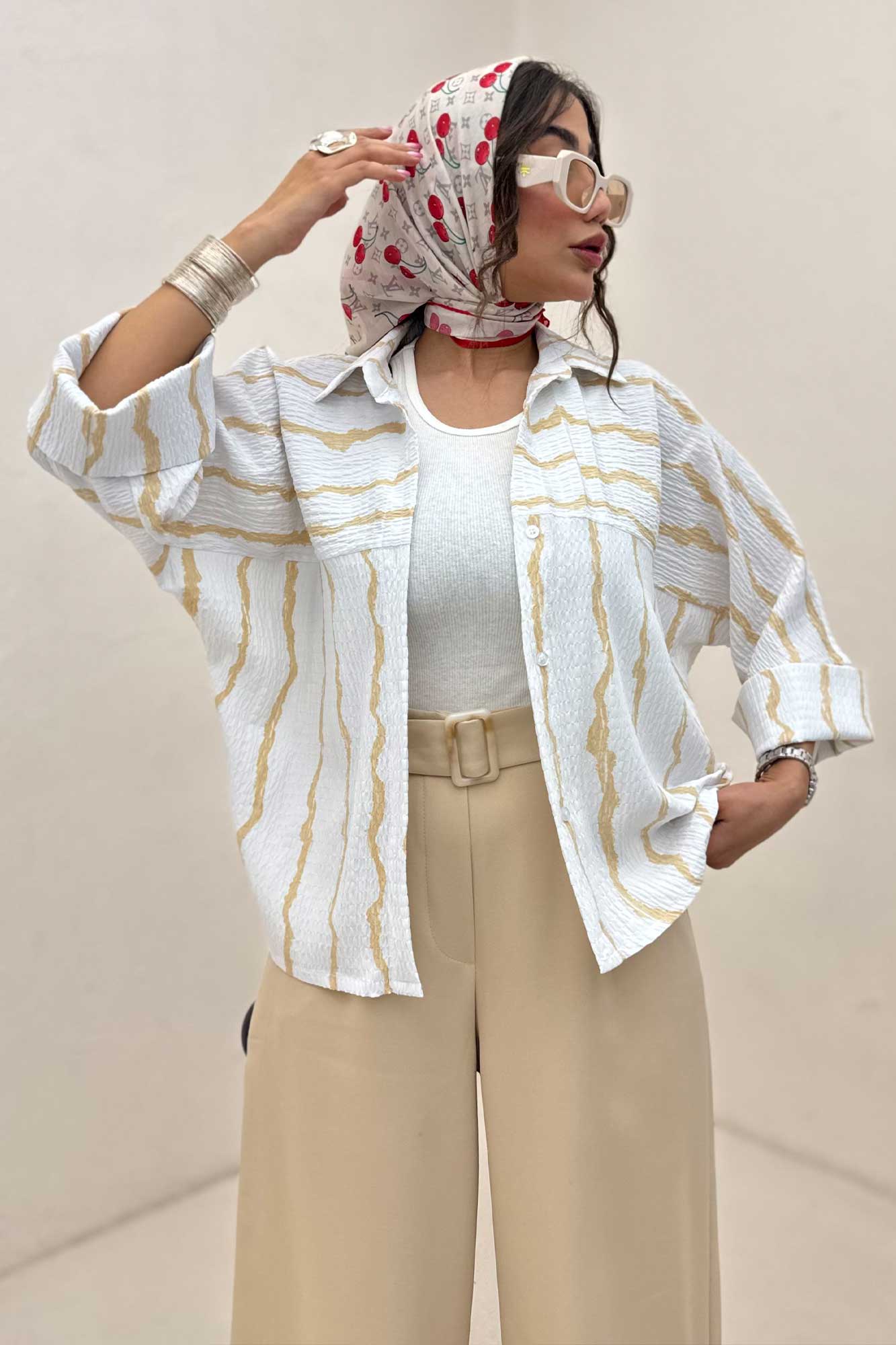 شومیز مانتویی پفکی راه راه مچ پهن