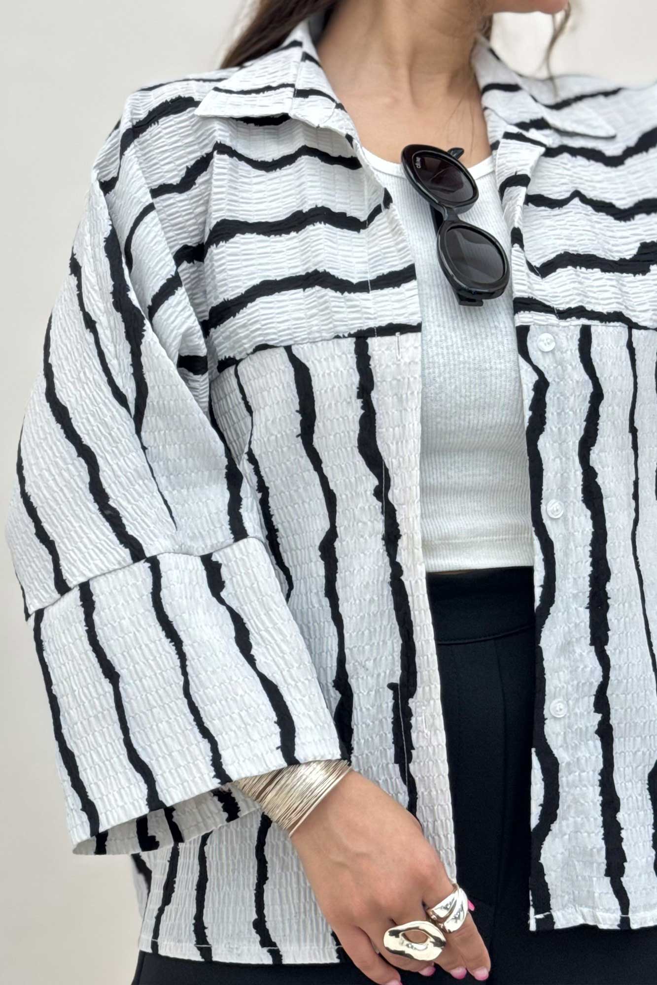 شومیز مانتویی پفکی راه راه مچ پهن