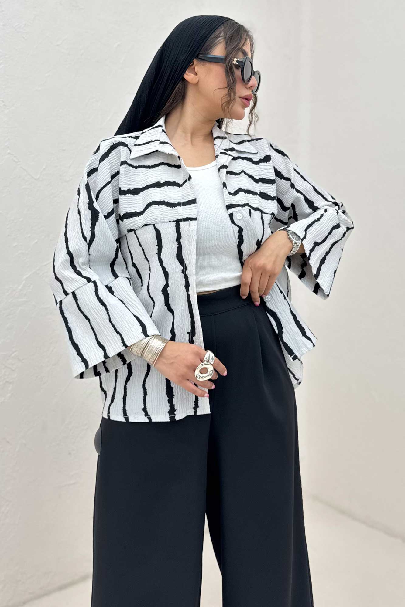 شومیز مانتویی پفکی راه راه مچ پهن