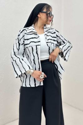 شومیز مانتویی پفکی راه راه مچ پهن