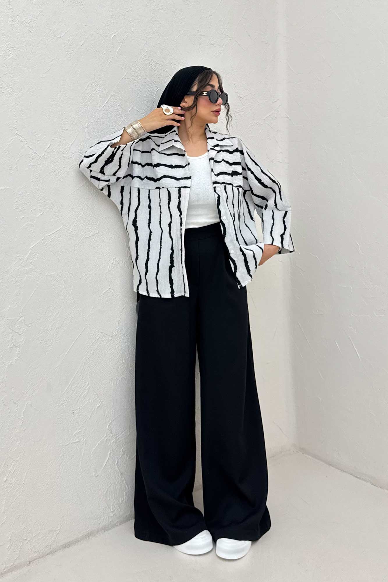 شومیز مانتویی پفکی راه راه مچ پهن