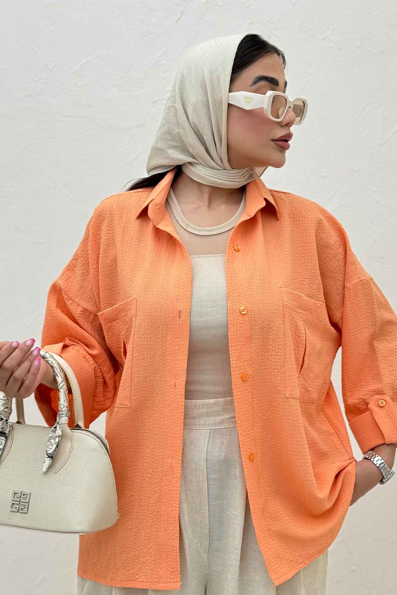 شومیز مانتویی پفکی دو جیب پاکتی