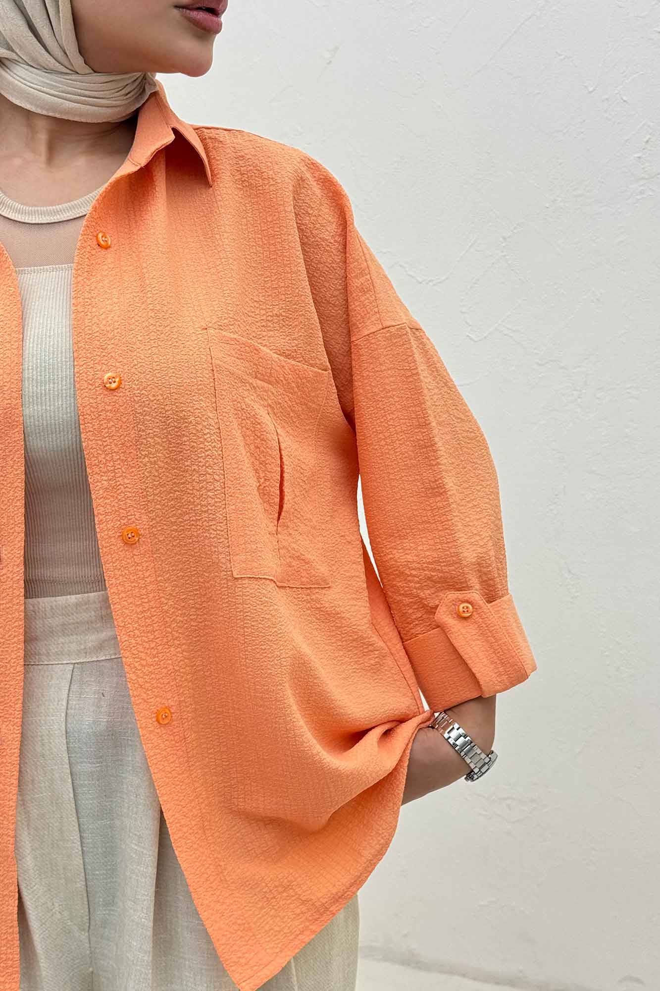 شومیز مانتویی پفکی دو جیب پاکتی