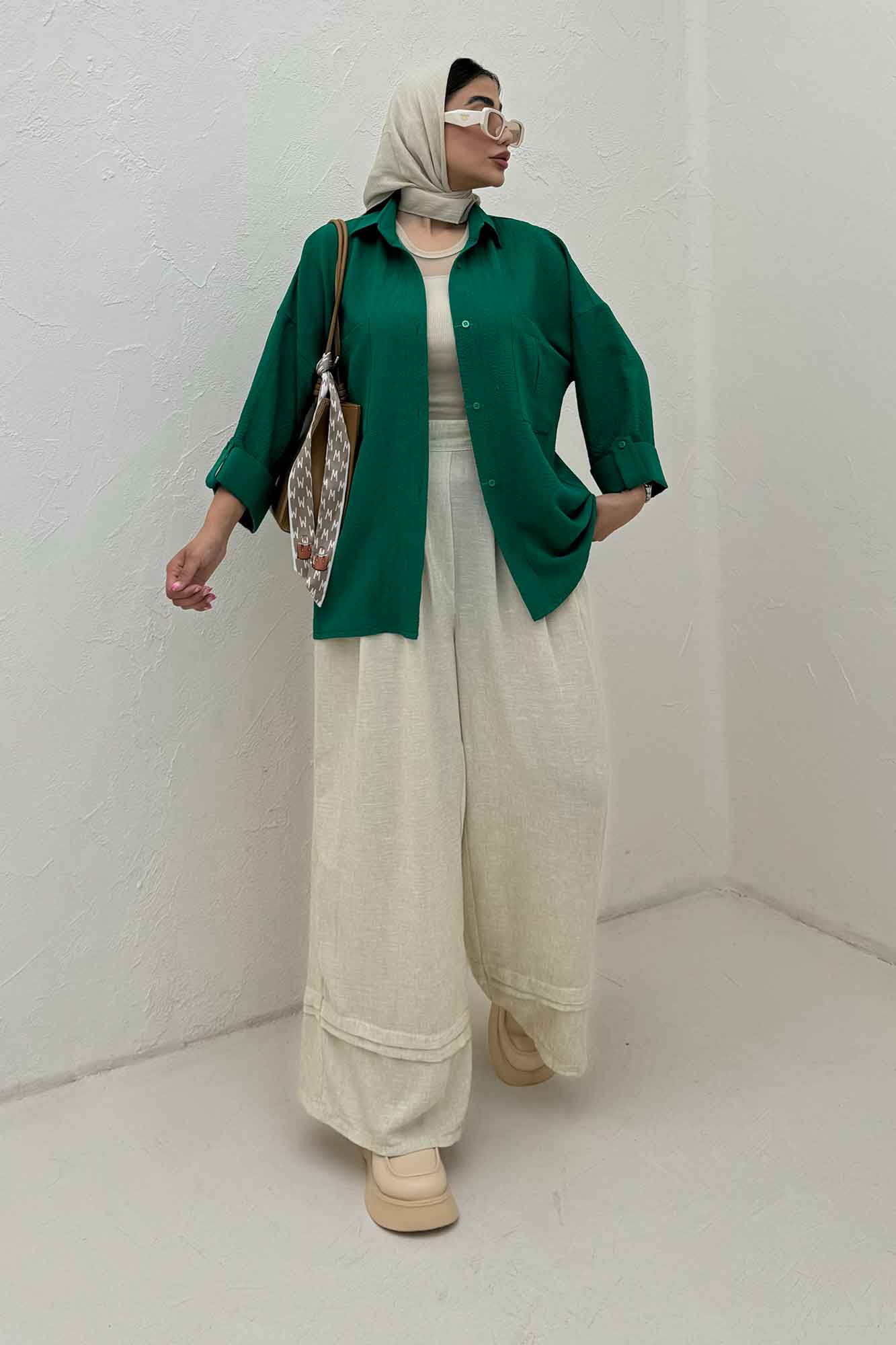 شومیز مانتویی پفکی دو جیب پاکتی