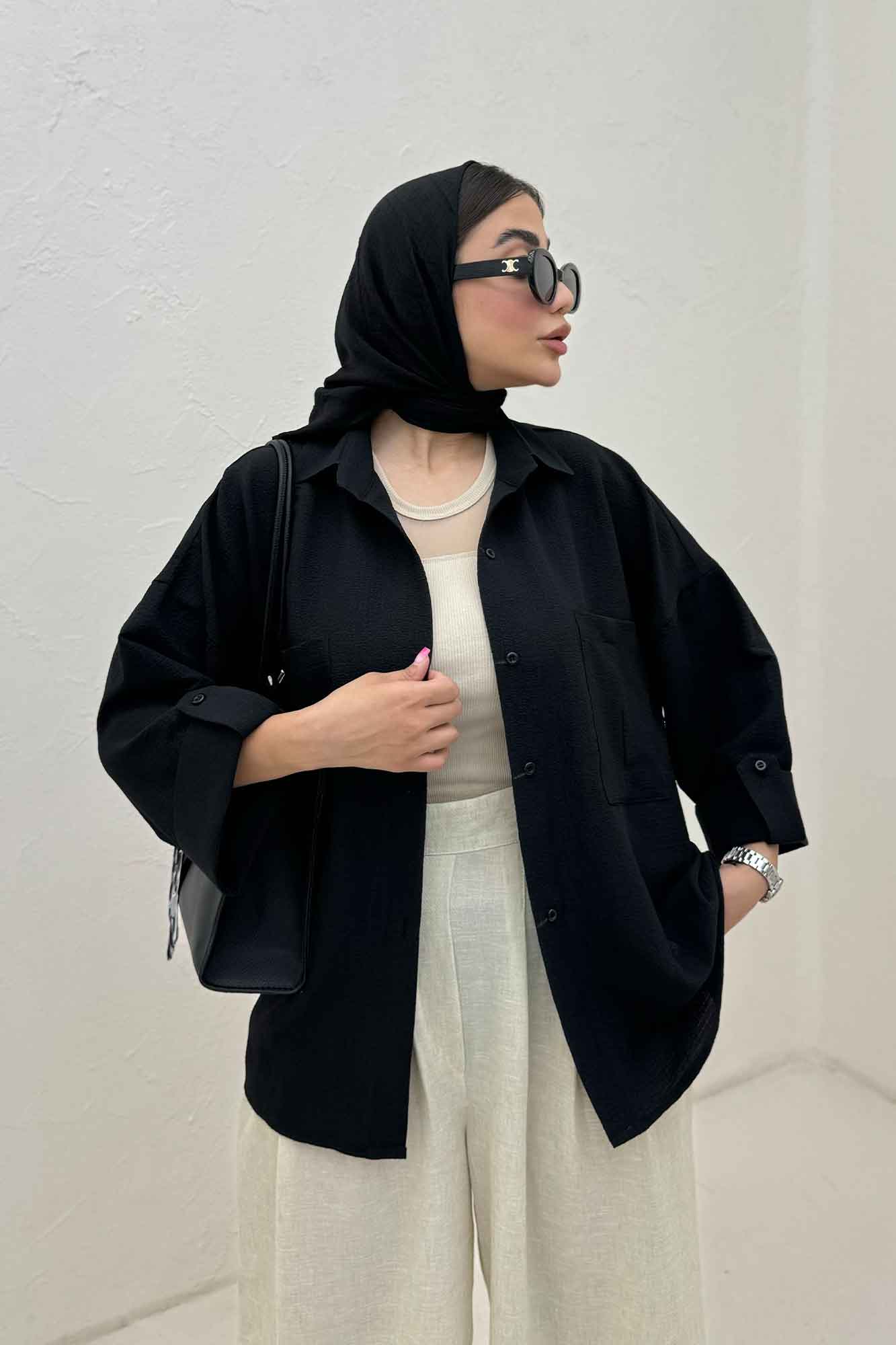 شومیز مانتویی پفکی دو جیب پاکتی