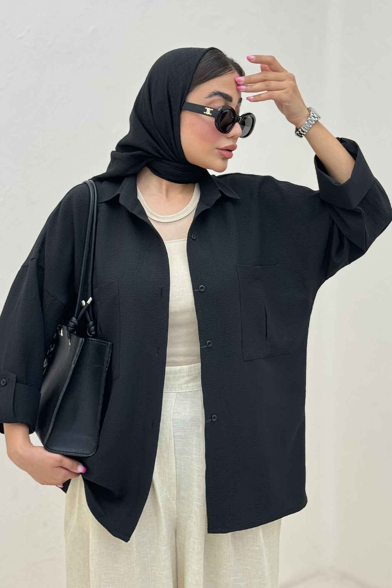 شومیز مانتویی پفکی دو جیب پاکتی