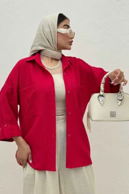 شومیز مانتویی پفکی دو جیب پاکتی