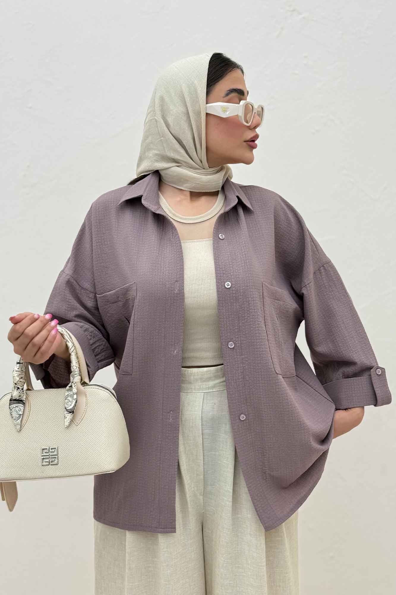 شومیز مانتویی پفکی دو جیب پاکتی