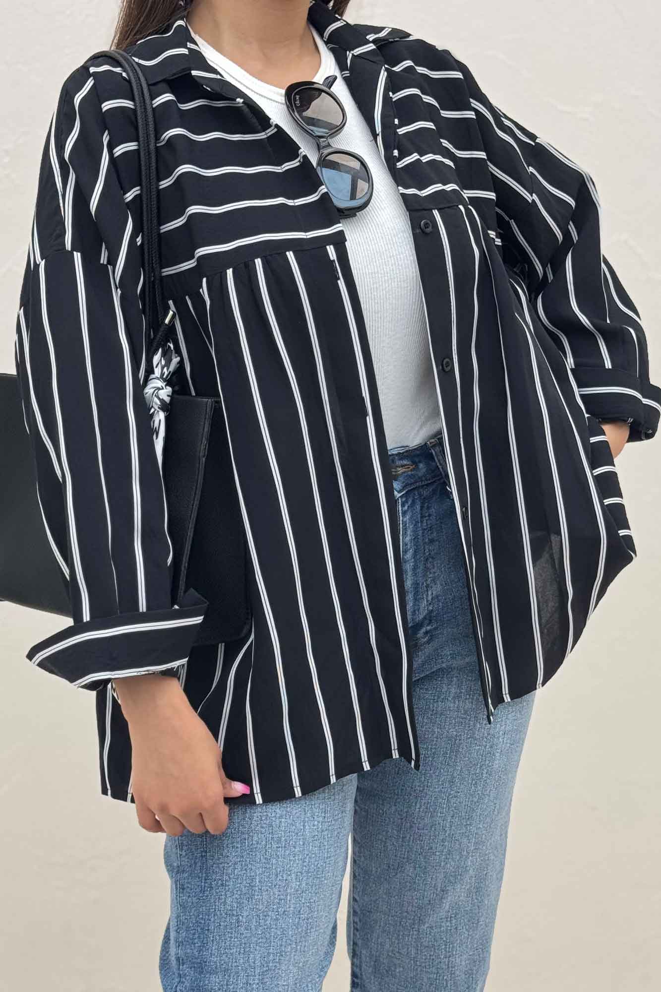 شومیز مانتویی parry راه راه دور چین ریز