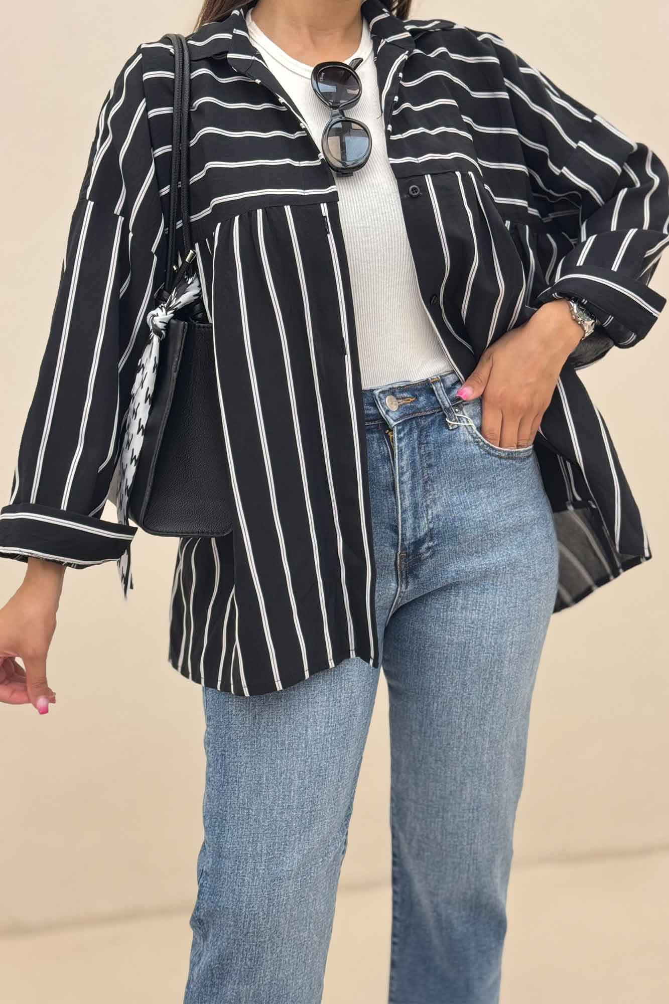 شومیز مانتویی parry راه راه دور چین ریز