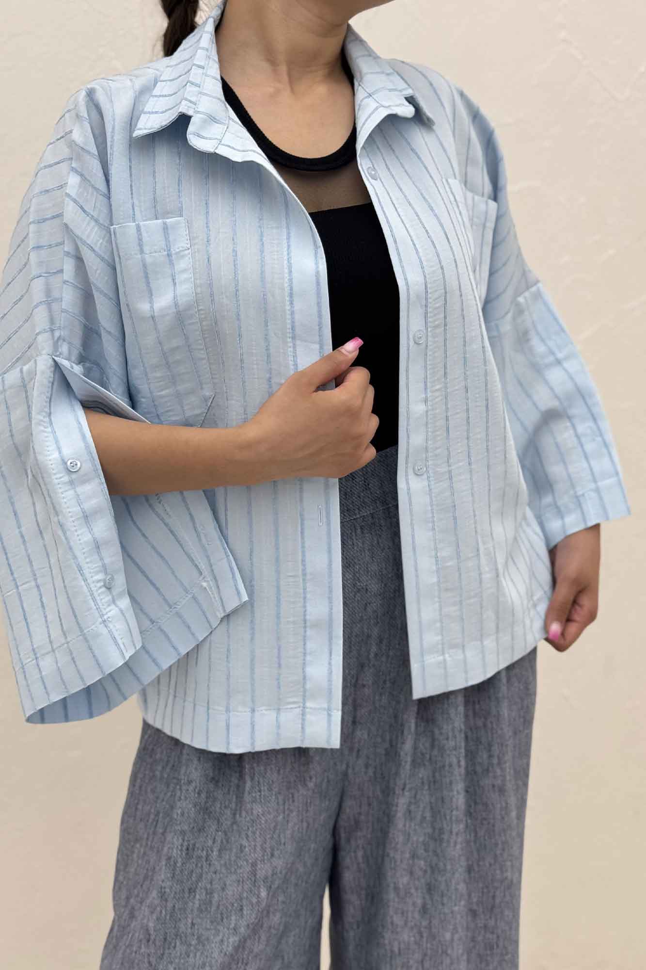 شومیز راه راه استرایپ سر آستین دکمه