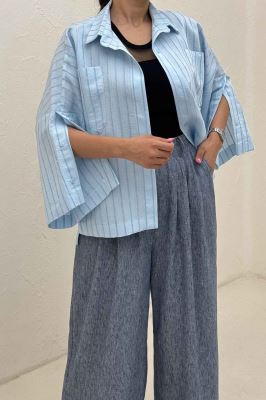 شومیز راه راه استرایپ سر آستین دکمه