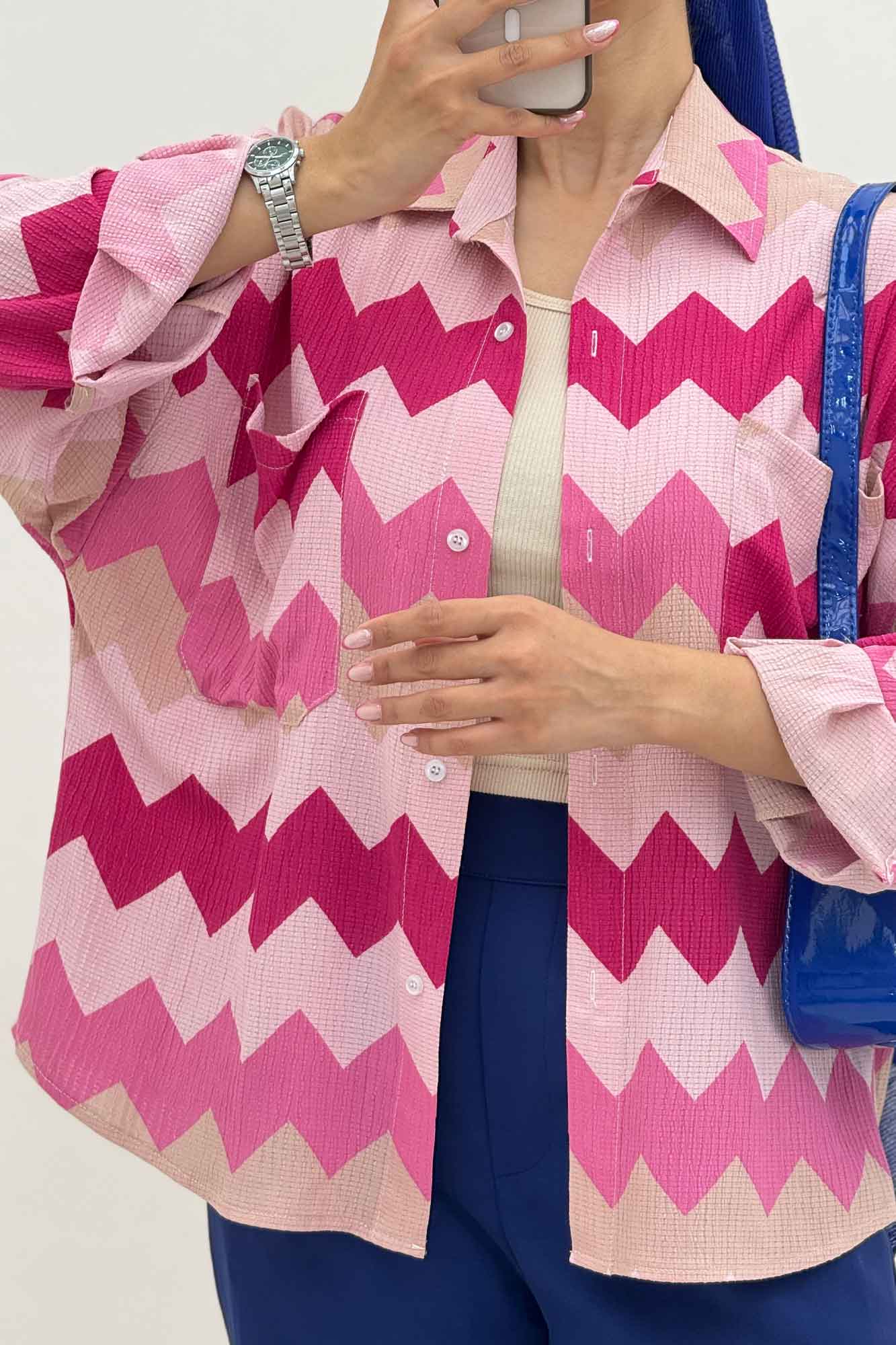 شومیز مانتویی کراش چاپی دو جیب