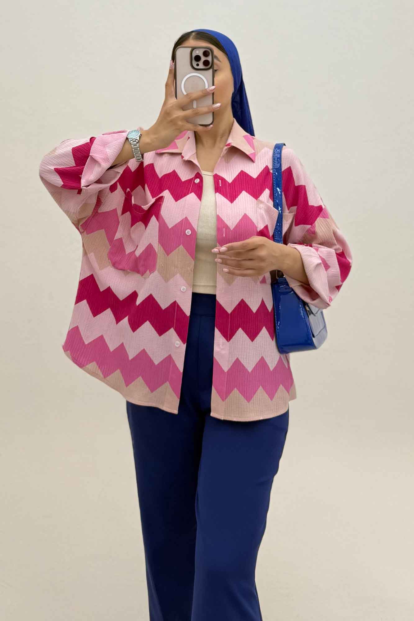 شومیز مانتویی کراش چاپی دو جیب