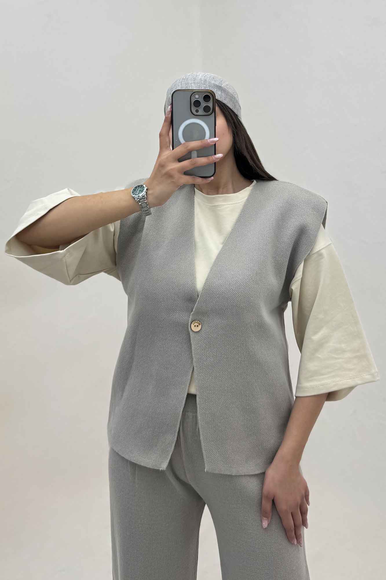 ست ژیله و شلوار بافت تک دکمه