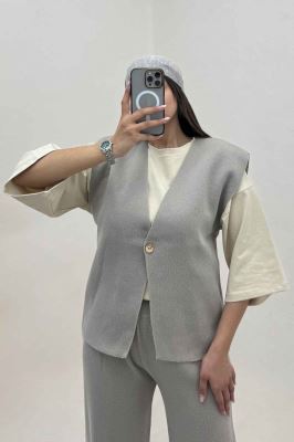 ست ژیله و شلوار بافت تک دکمه