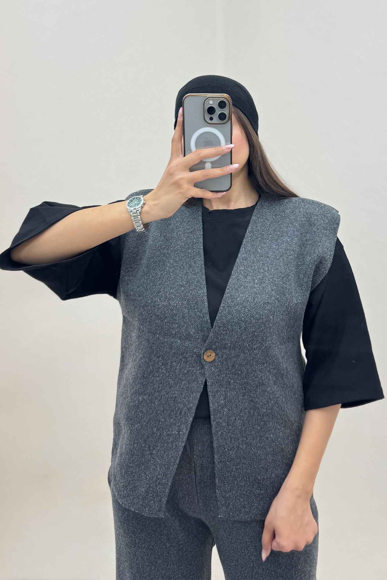 ست ژیله و شلوار بافت تک دکمه