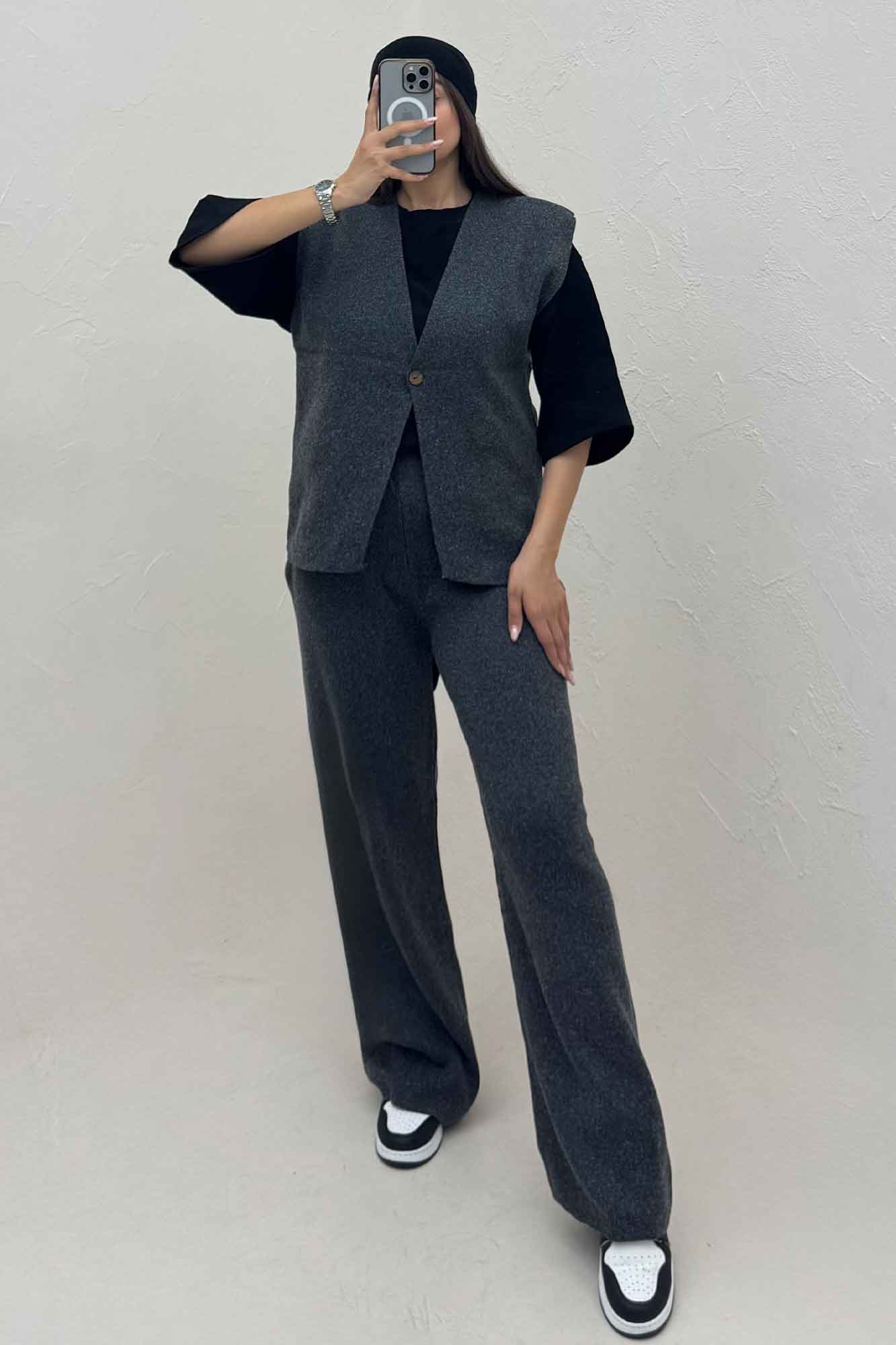 ست ژیله و شلوار بافت تک دکمه