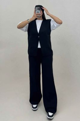 ست ژیله و شلوار بافت تک دکمه