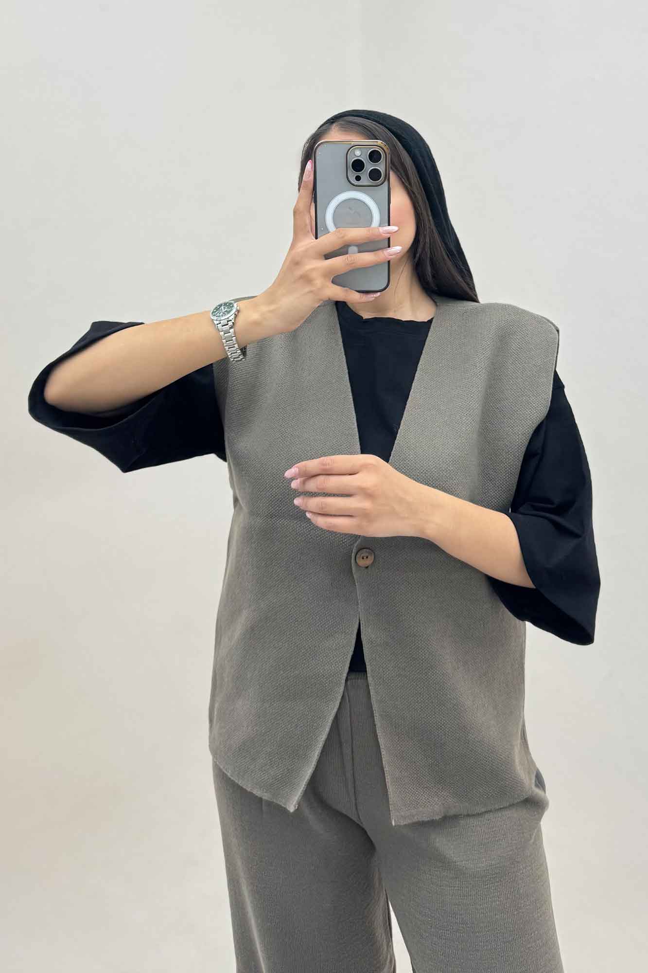 ست ژیله و شلوار بافت تک دکمه