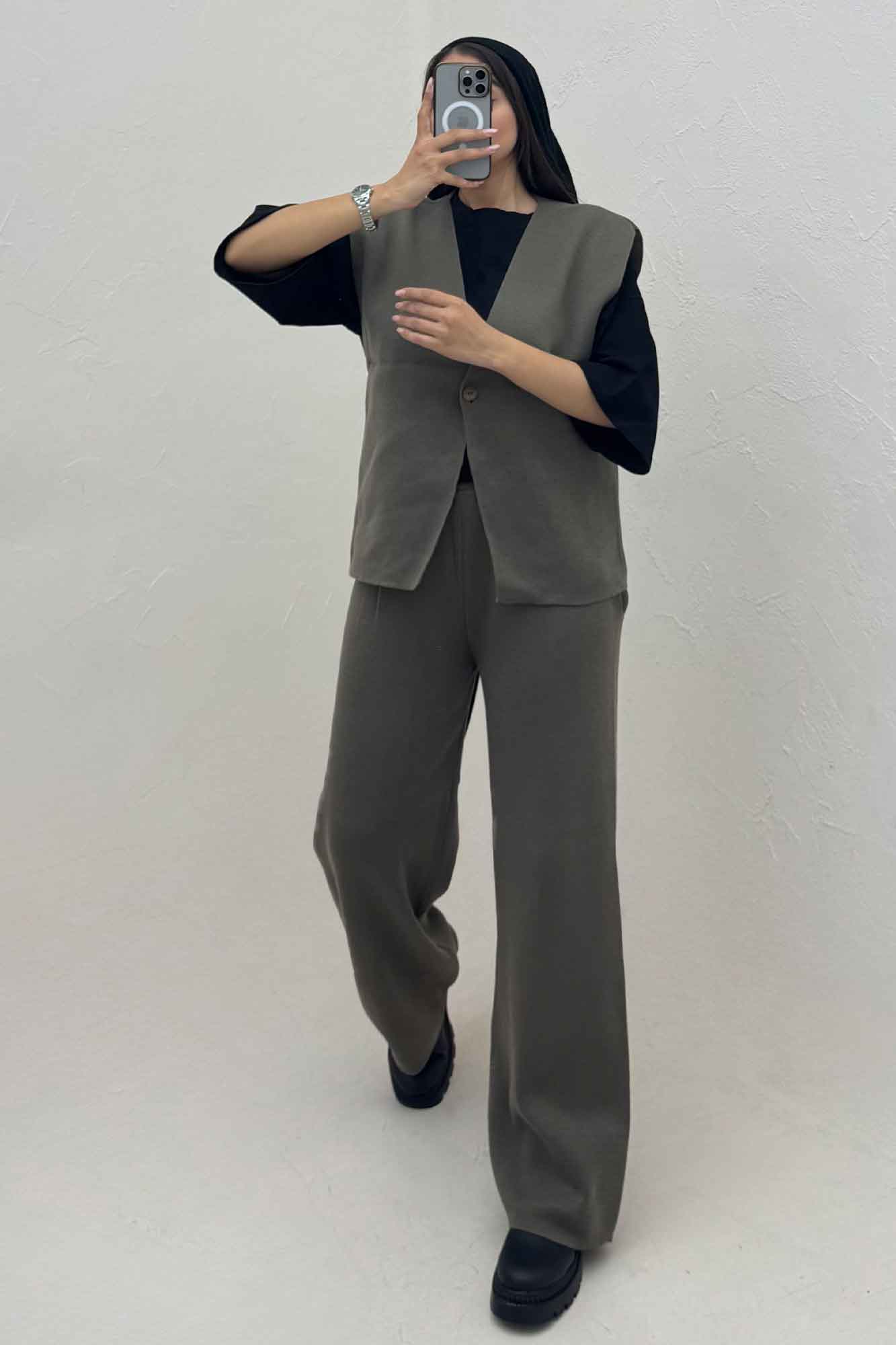 ست ژیله و شلوار بافت تک دکمه