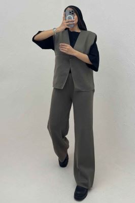 ست ژیله و شلوار بافت تک دکمه