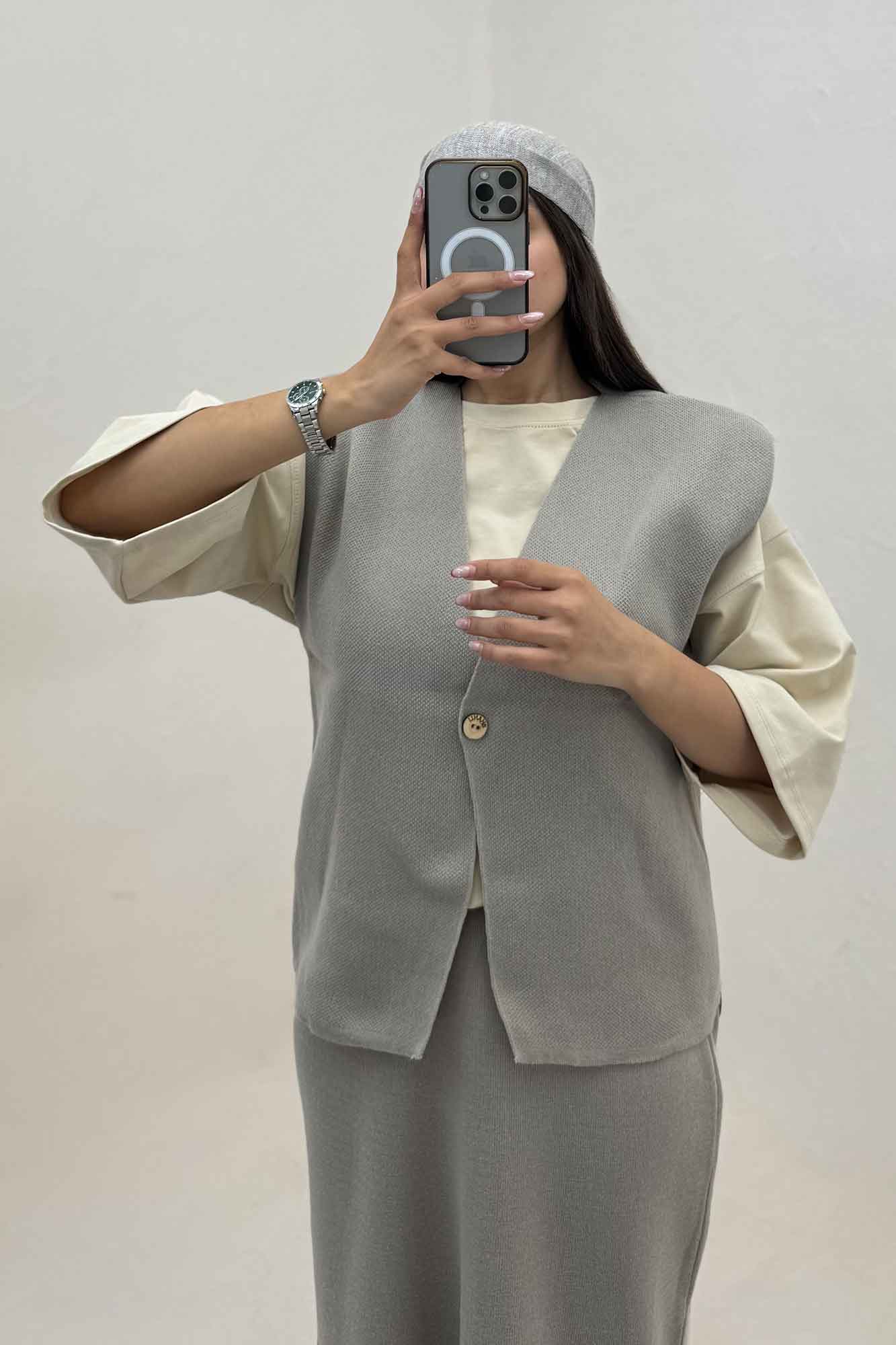 ست ژیله و دامن بافت تک دکمه