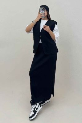 ست ژیله و دامن بافت تک دکمه