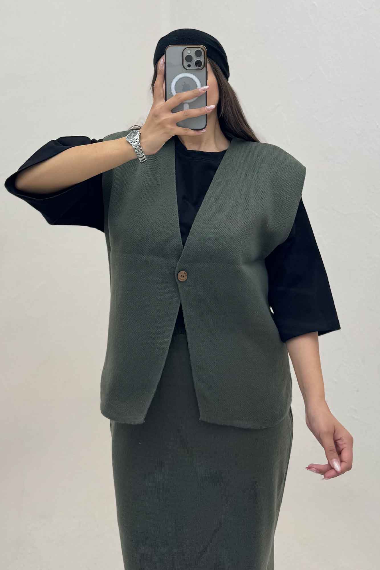 ست ژیله و دامن بافت تک دکمه