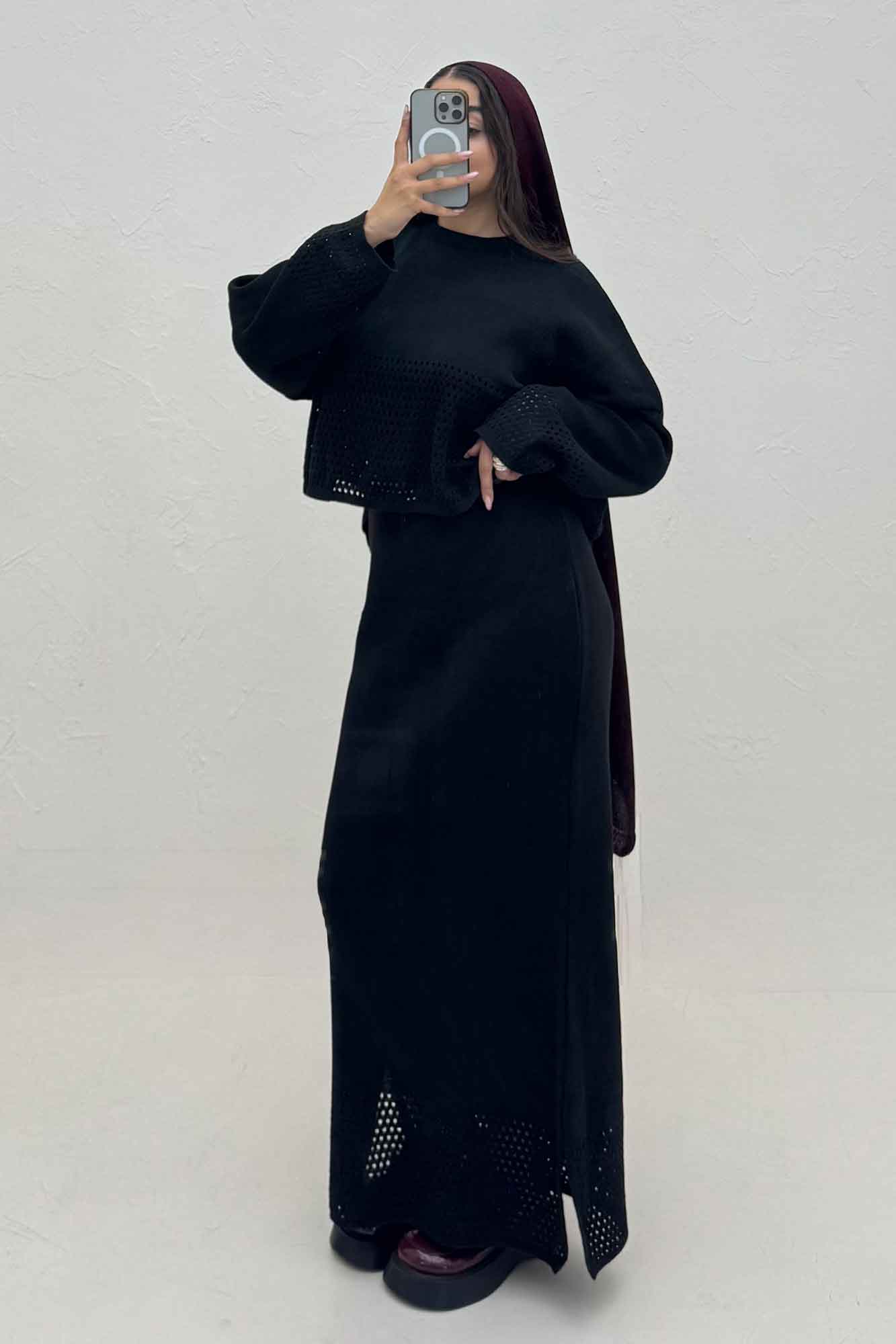 ست دو تیکه رویه و سارافن بافت شبکه ای