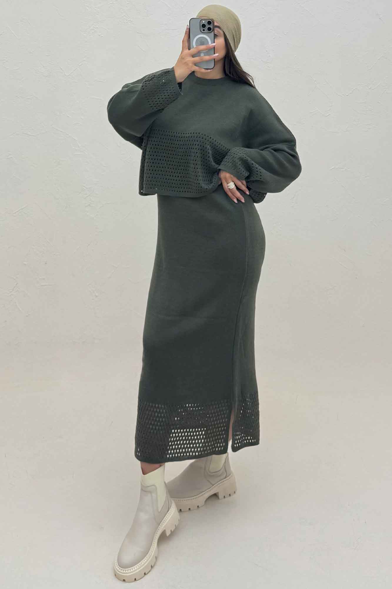 ست دو تیکه رویه و سارافن بافت شبکه ای