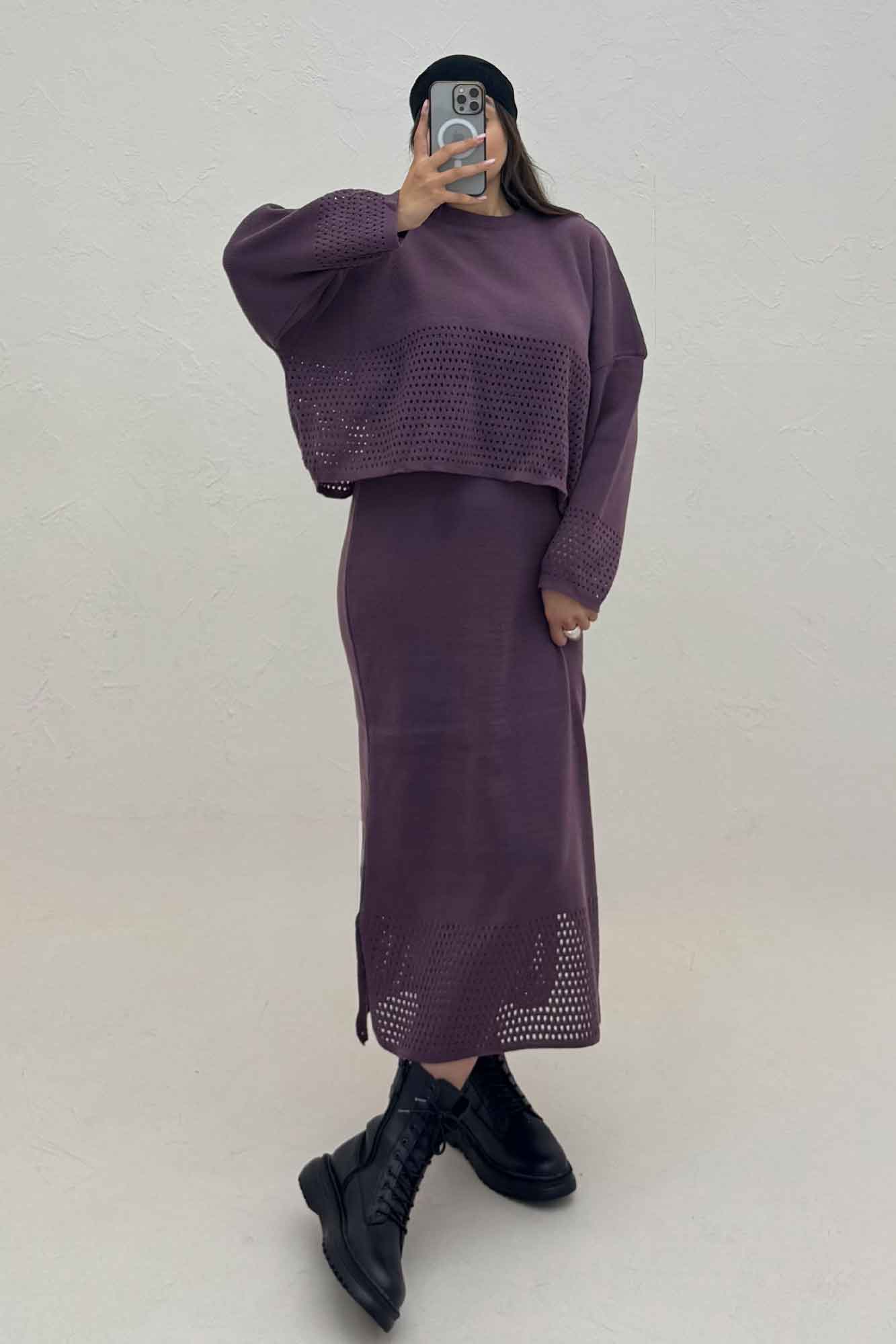 ست دو تیکه رویه و سارافن بافت شبکه ای