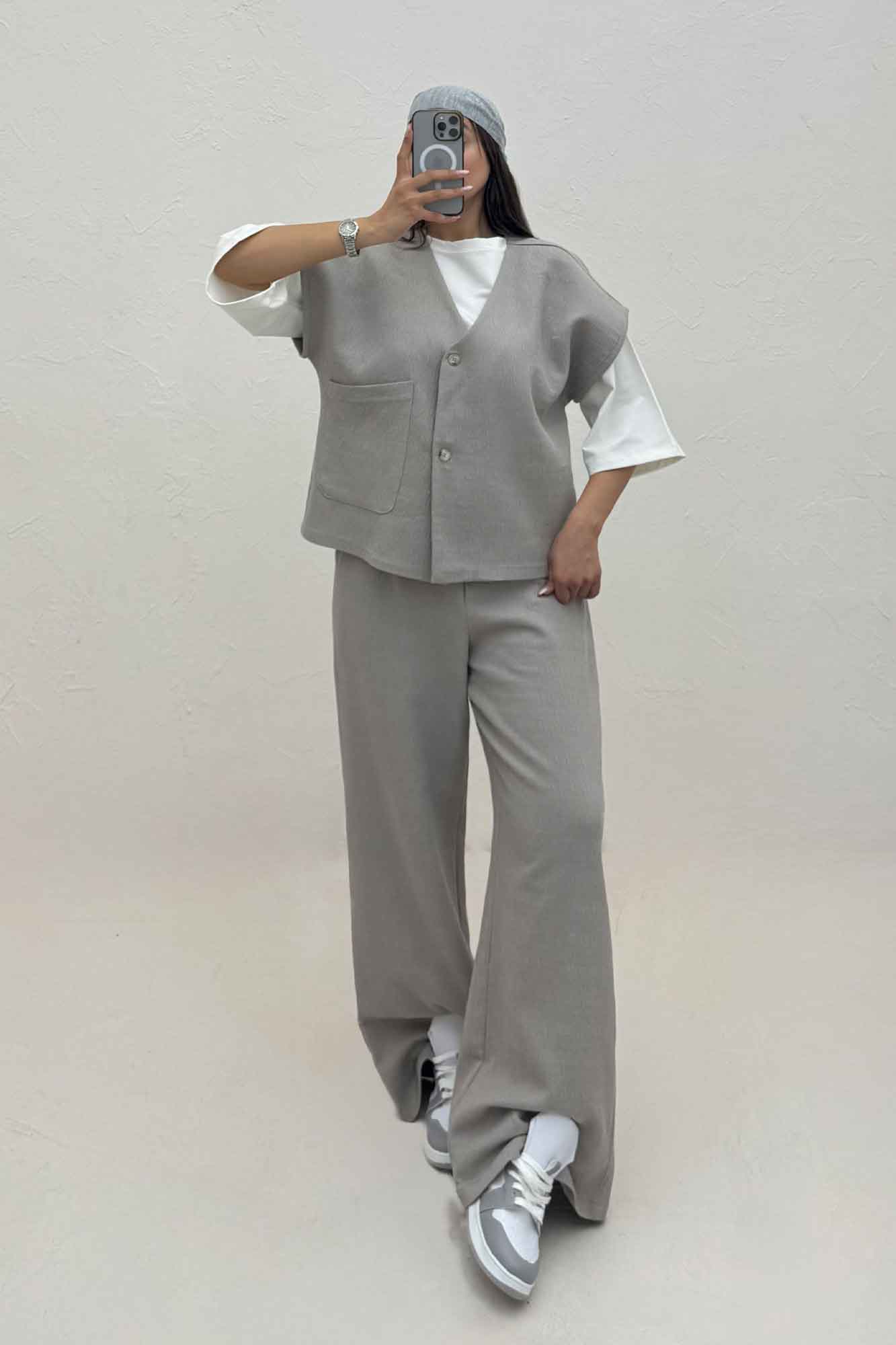 ست ژیله و شلوار تک جیب کتان راین