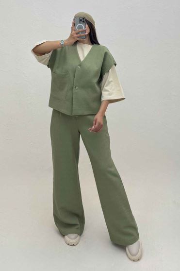 ست ژیله و شلوار تک جیب کتان راین