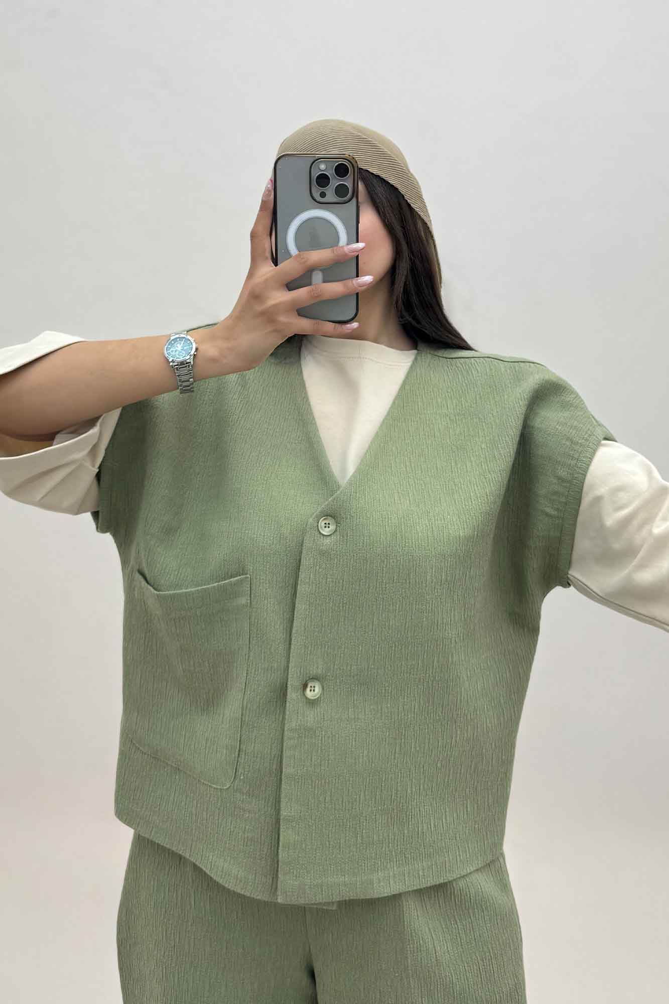 ست ژیله و شلوار تک جیب کتان راین