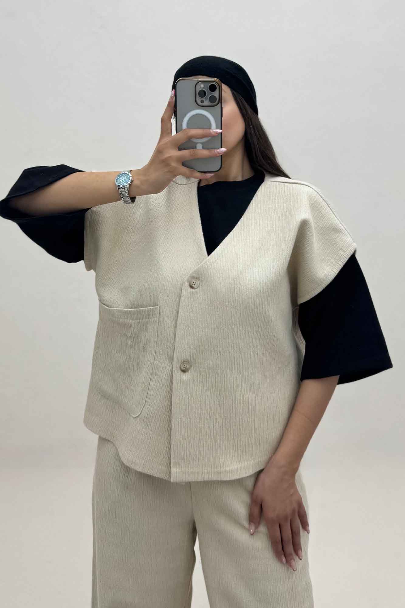 ست ژیله و شلوار تک جیب کتان راین