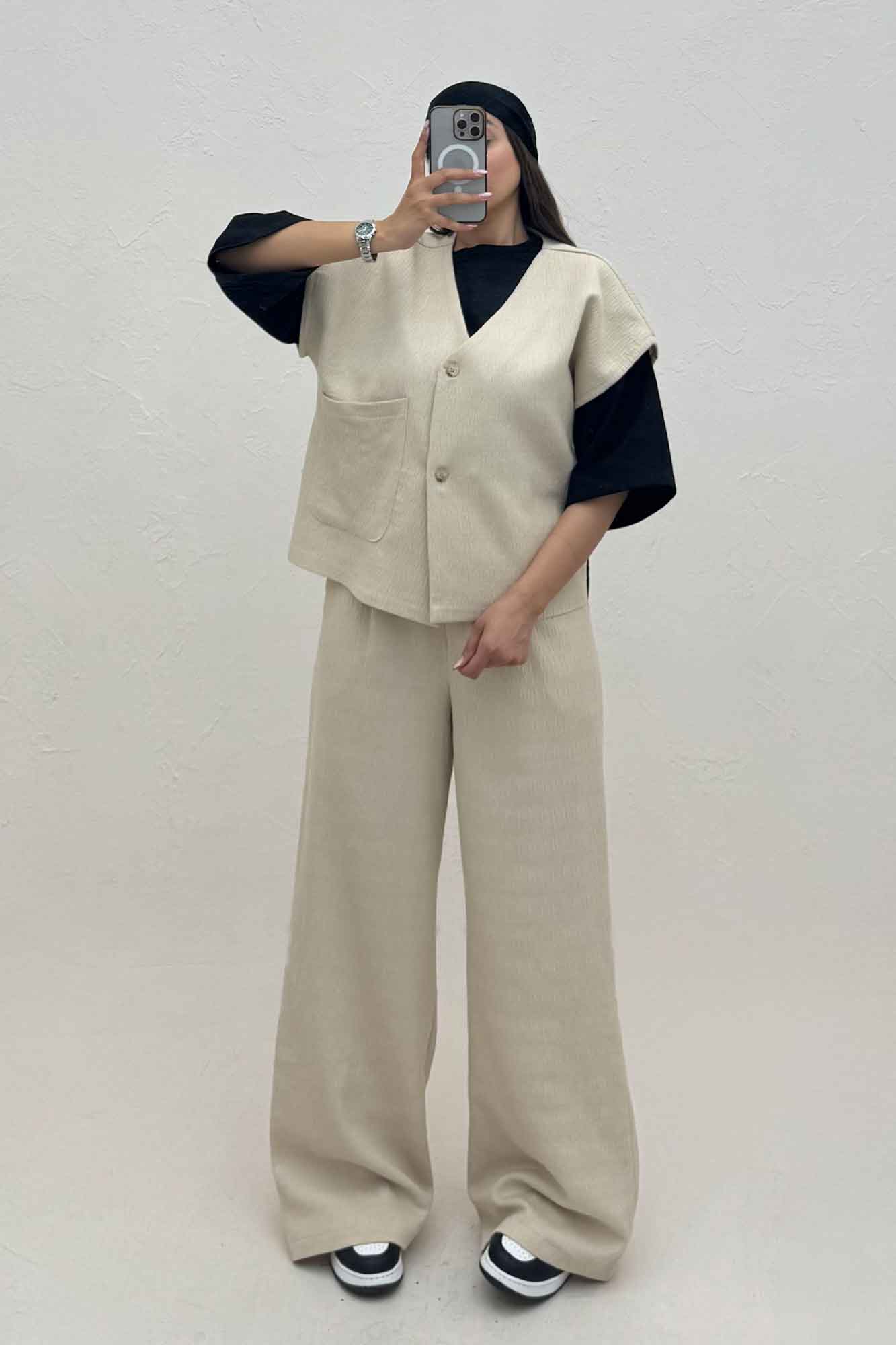 ست ژیله و شلوار تک جیب کتان راین