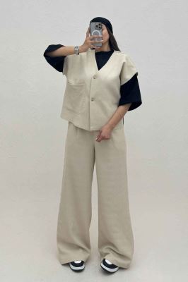 ست ژیله و شلوار تک جیب کتان راین