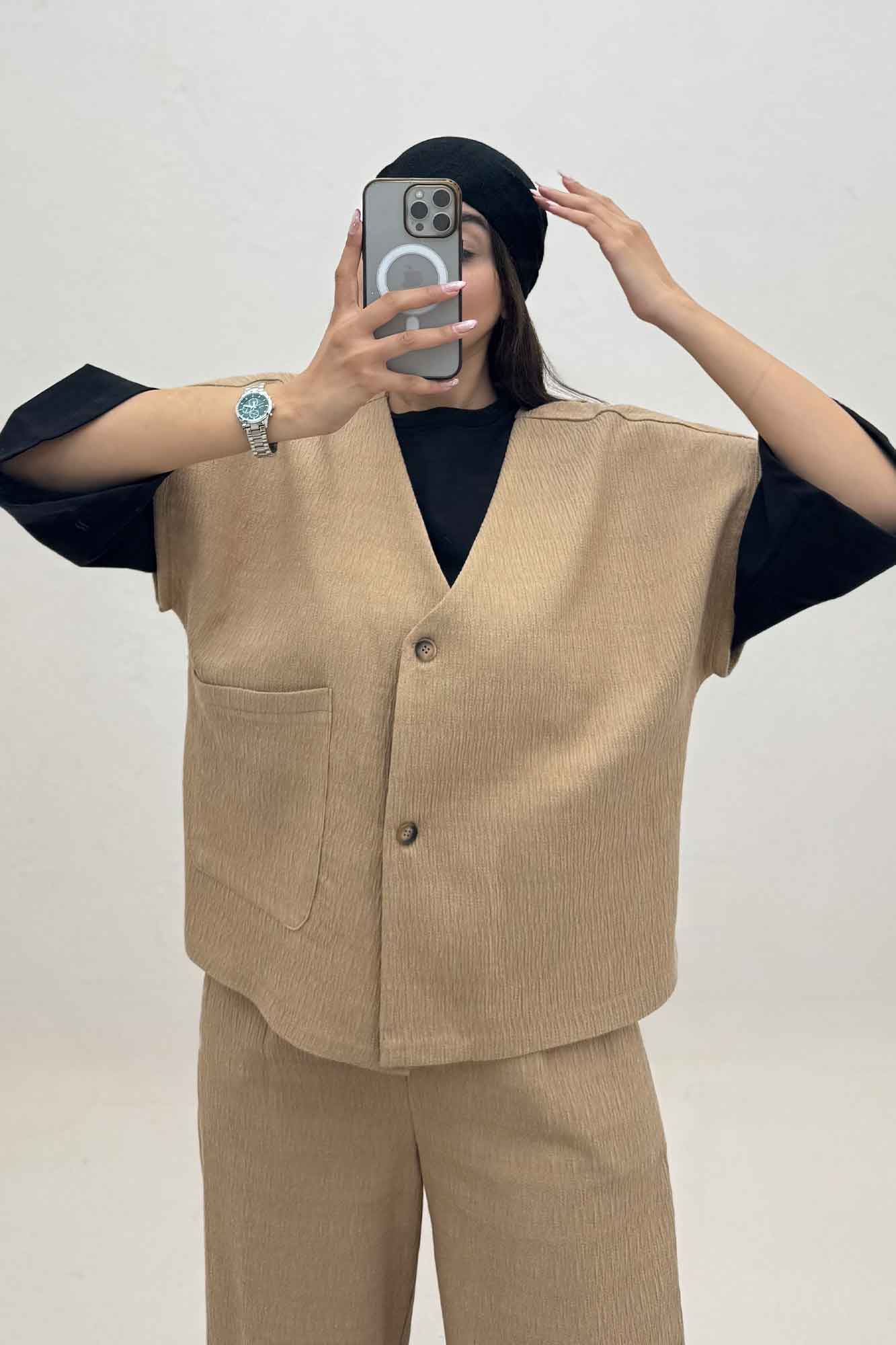 ست ژیله و شلوار تک جیب کتان راین