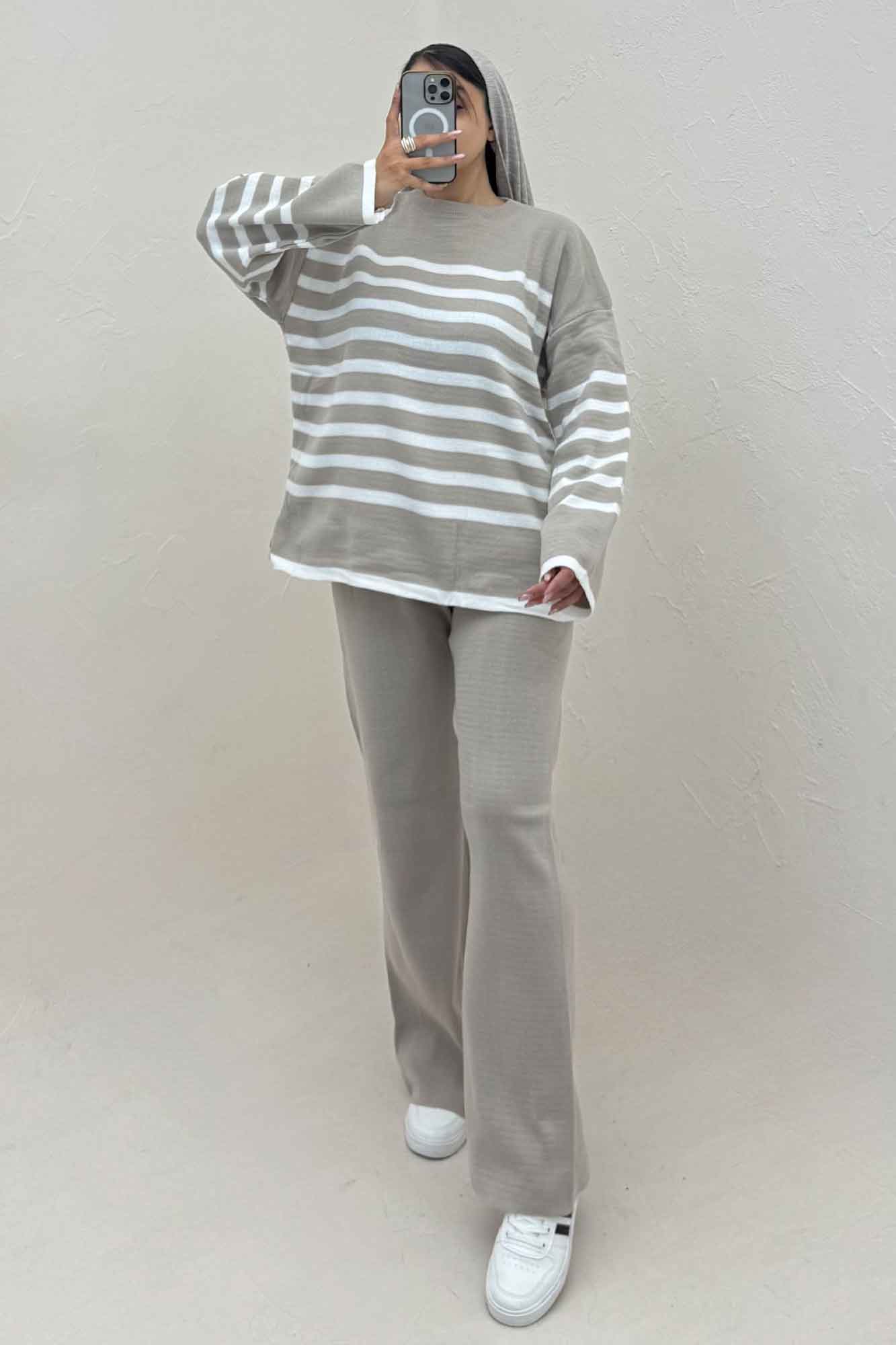 ست دورس و شلوار بافت خط پهن