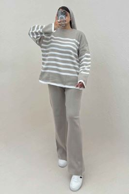 ست دورس و شلوار بافت خط پهن