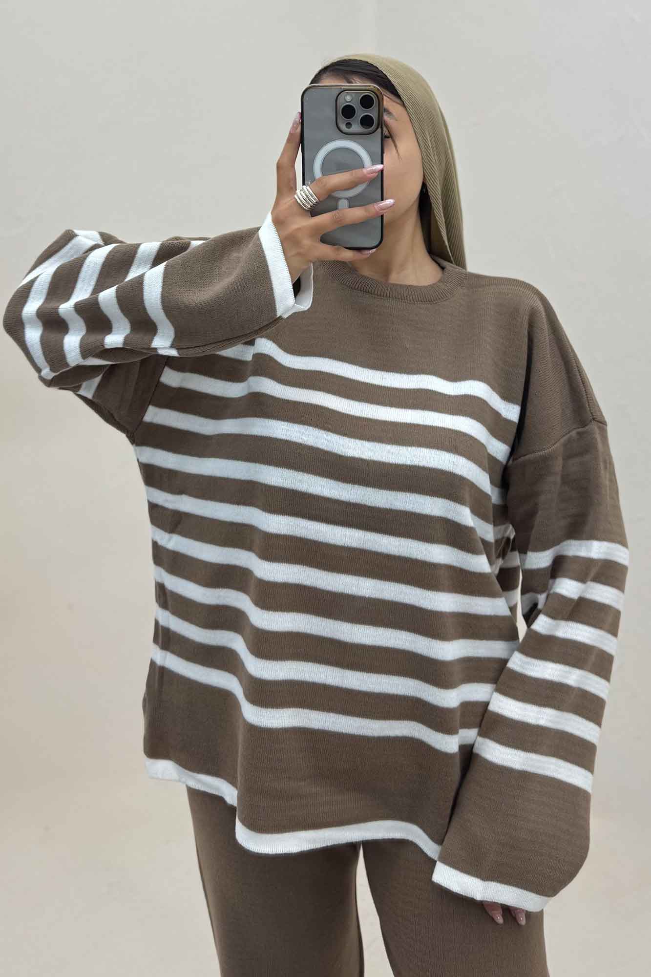 ست دورس و شلوار بافت خط پهن