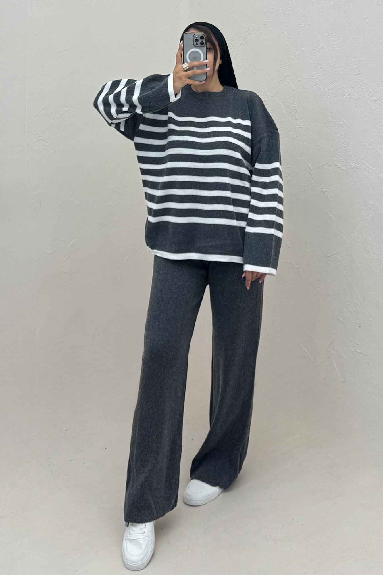 ست دورس و شلوار بافت خط پهن