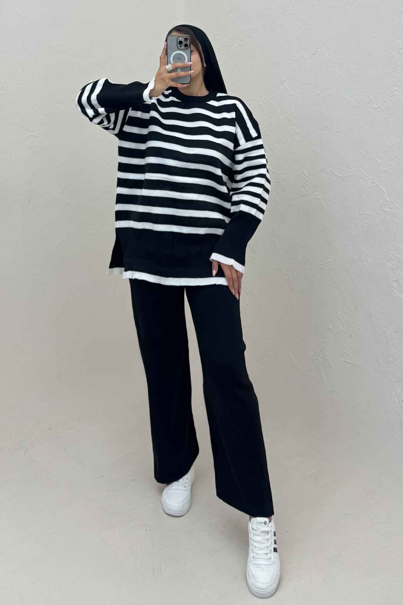 ست دورس و شلوار بافت خط پهن