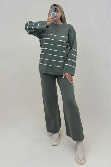 ست دورس و شلوار بافت خط ریز