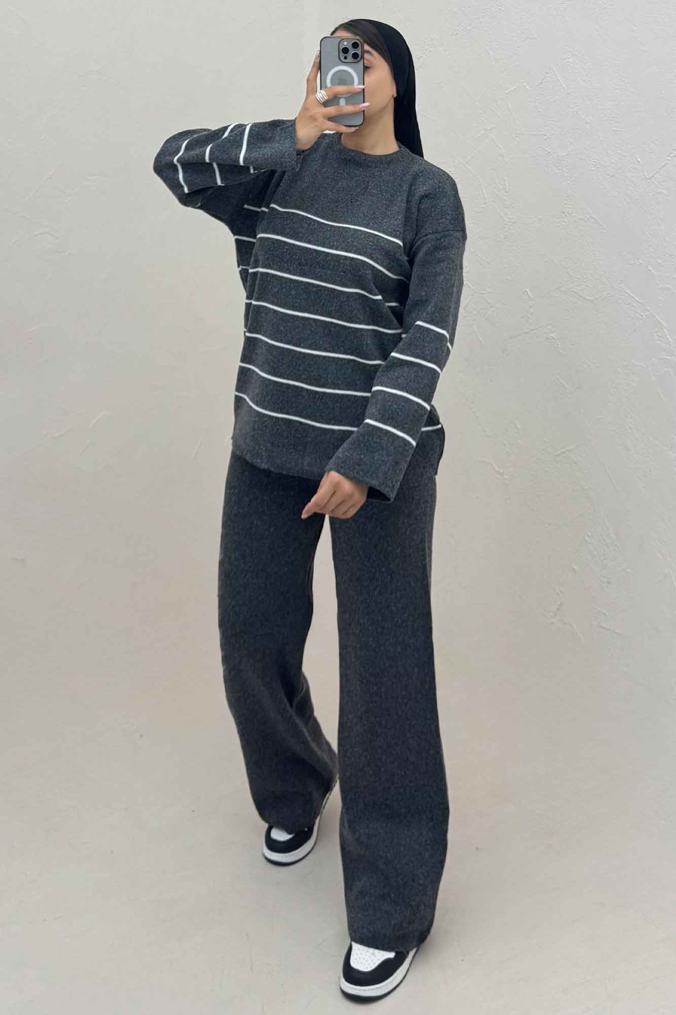 ست دورس و شلوار بافت خط ریز