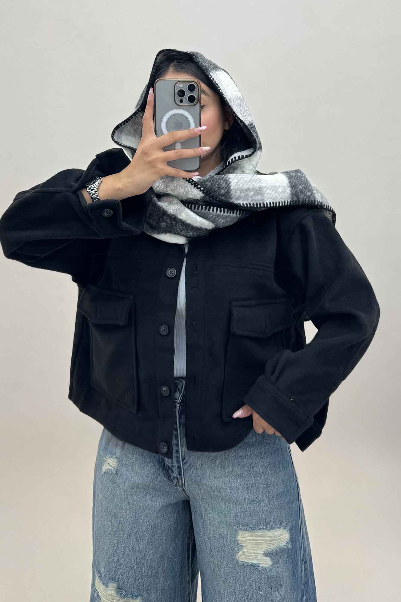 کت فوتر پشمی نیم تنه جیب پاکتی 000305