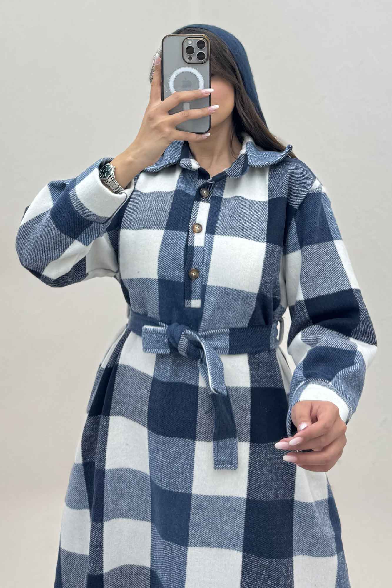 کفتان بلند فوتر پشمی چهارخانه کد 1135