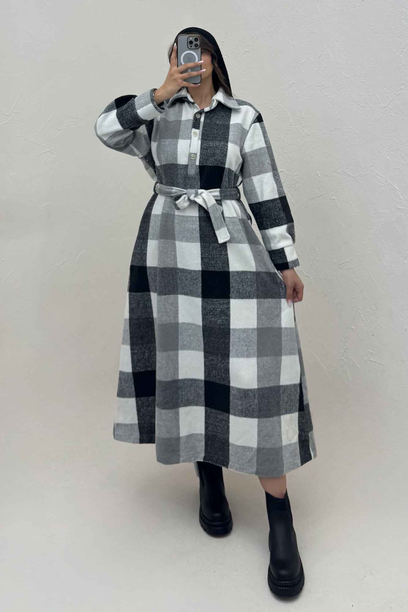 کفتان بلند فوتر پشمی چهارخانه کد 1135