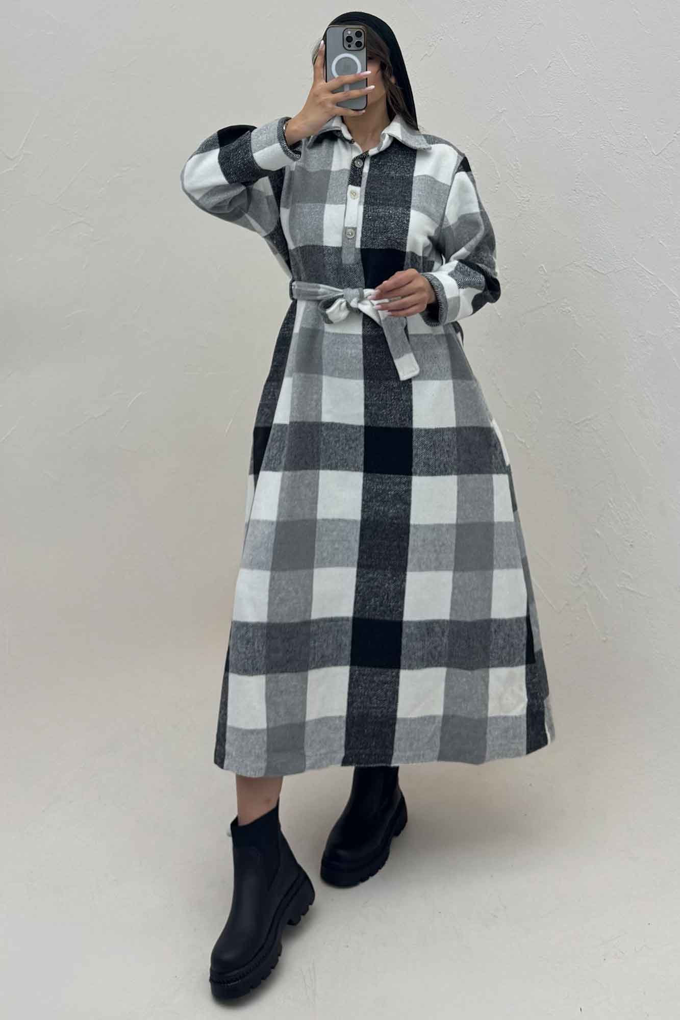 کفتان بلند فوتر پشمی چهارخانه کد 1135